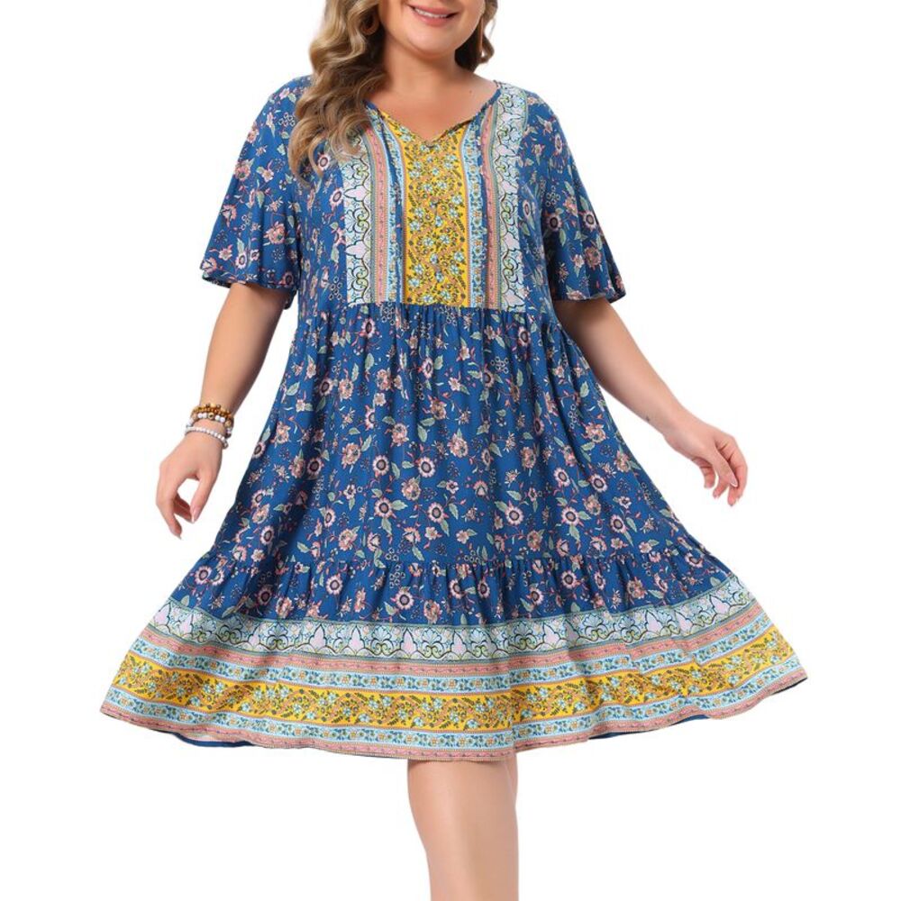 Women Plus Size Summer Boho Floral Beach Flowy Midi Dress Blue
